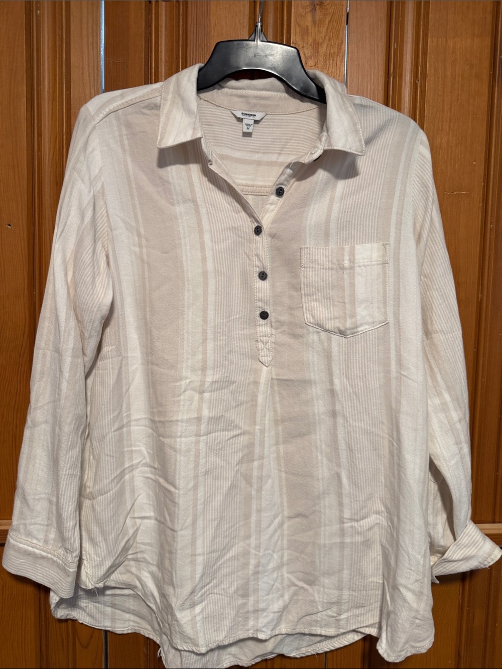 Sonoma Cream and Beige Striped Button-Front Casual Shirt